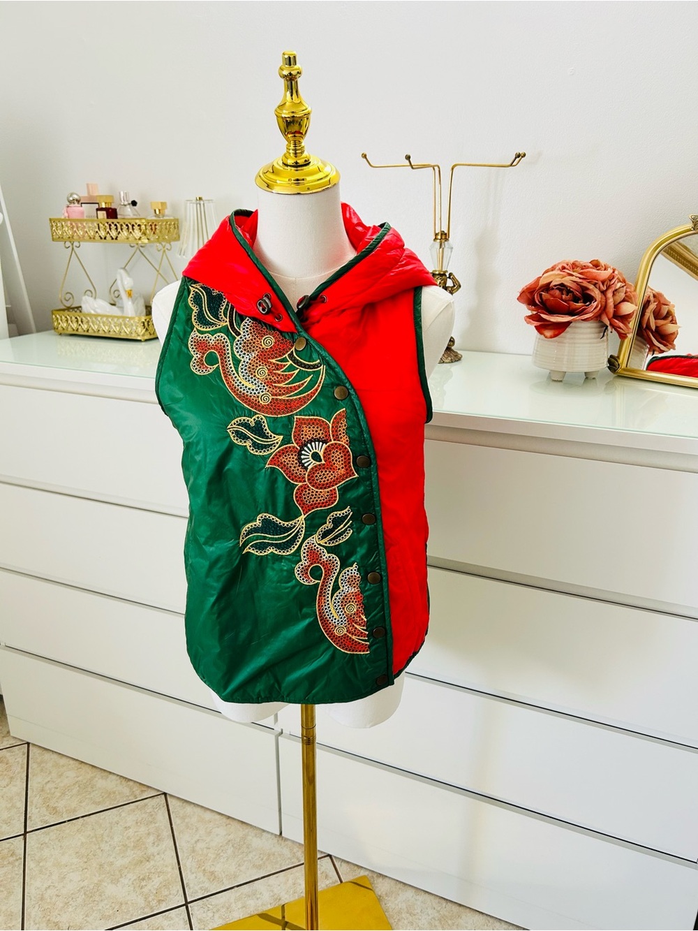 Chinese Red and Green Floral Embroidered Hooded Vest